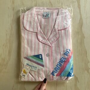 Vintage Woolworth Pajama Set Womens 40 Pink Striped Flannel Button Sleepwear
